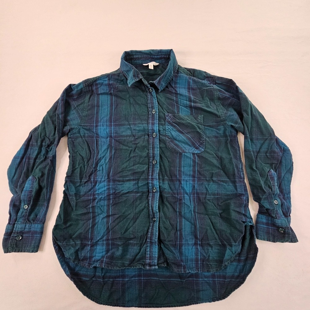 Time‎ & Tru Blue Plaid Long Sleeve Button-Up Cotton Flannel Shirt Women's M